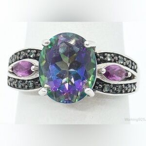JTV Mystic Fire® Green Topaz Rhodium Over Sterling Silver Ring 5.17ctw